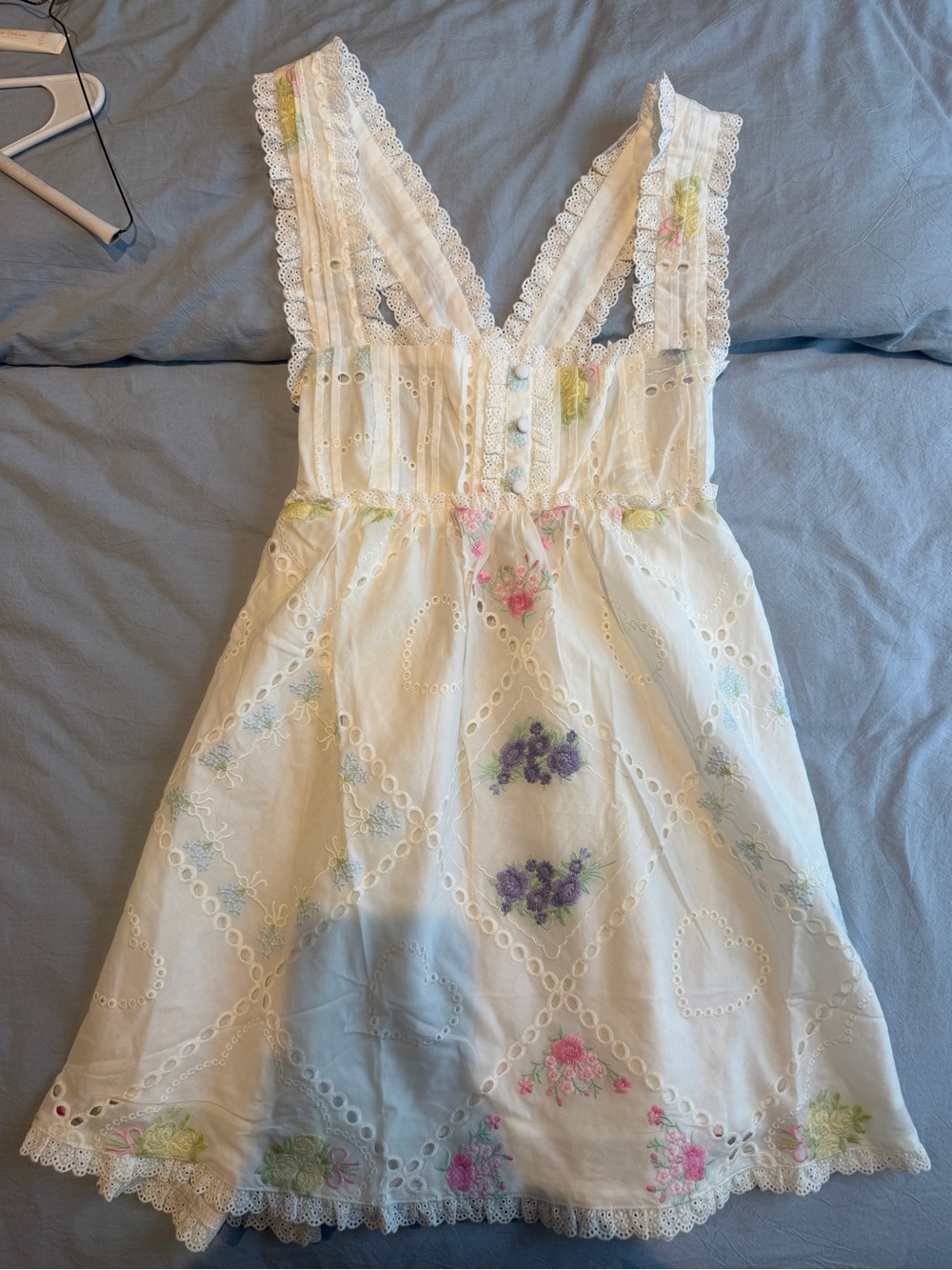 For Love & Lemons White Eyelet Mini Dress with Pastel Floral Embroidery